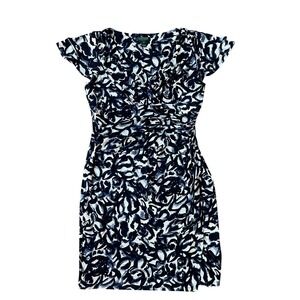 Lauren Woman's Dress flutter sleeve Ruched‎ Sheath wrap blue & white 16 v-neck